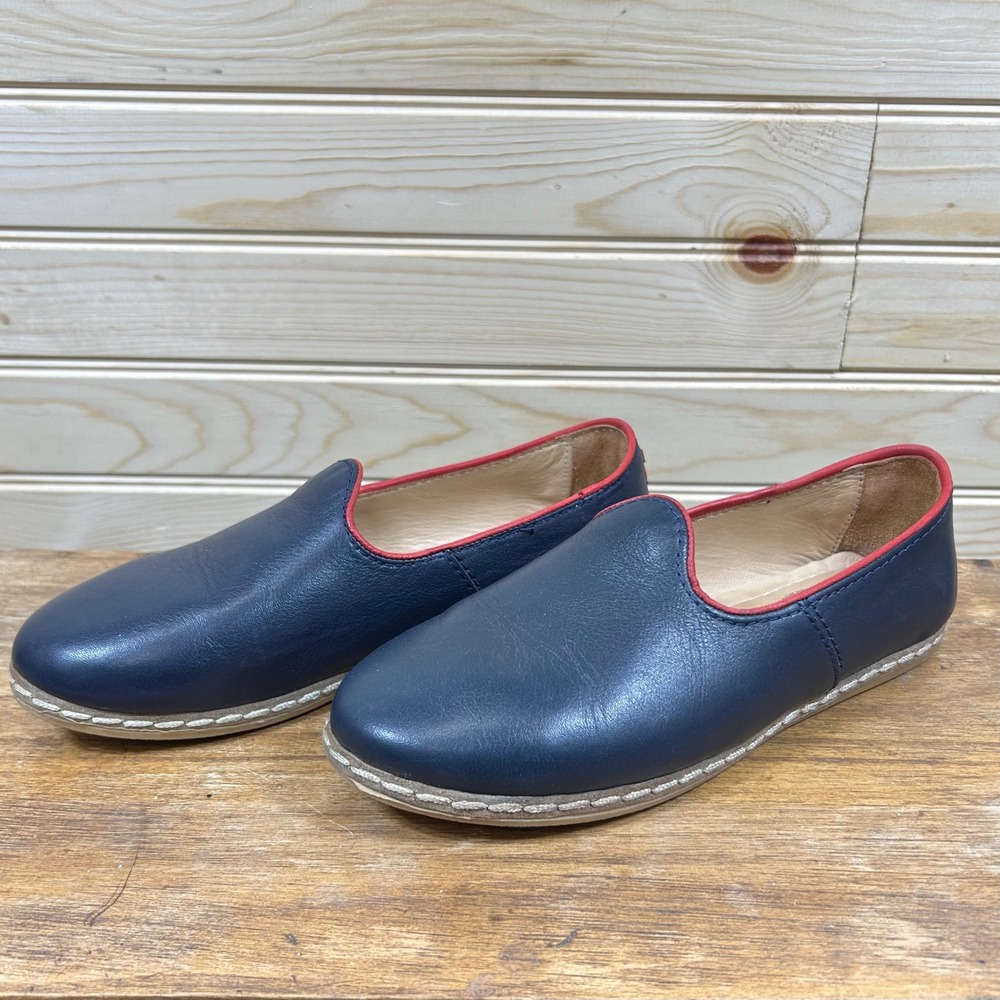 Charix Navy Blue Leather Artisan Loafer Red Trim Turkish Slip On Shoes Womens 37